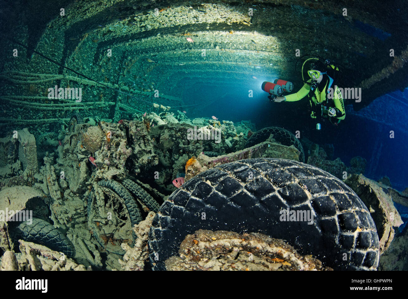 Shipwreck Ss Thistlegorm Scuba Diver Inside Ship Wreck By The Motorcycle Wreck Thistlegorm Red Sea Egypt Africa Stock Photo Alamy