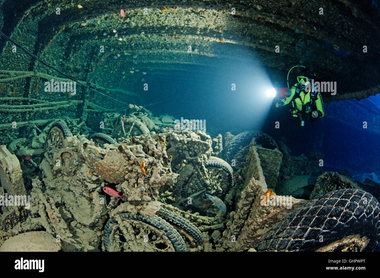 Shipwreck SS Thistlegorm, scuba diver inside Ship wreck by the ...