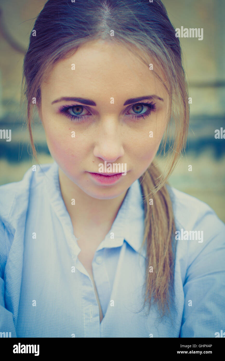 portrait of serious schoolgirl. Toned photo Stock Photo
