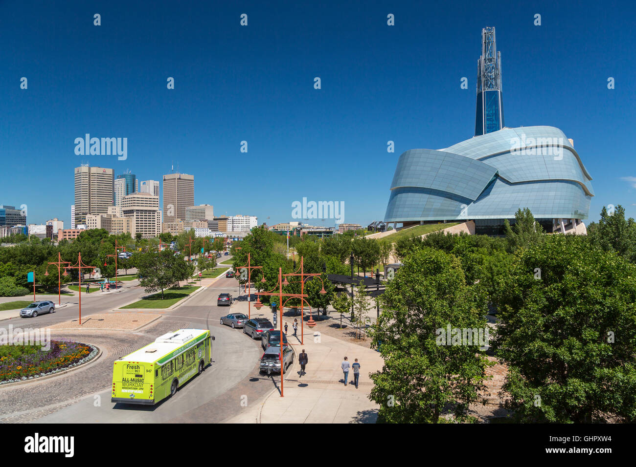 The city skyline from The Forks at Winnipeg, Manitoba, Canada. Stock Photo