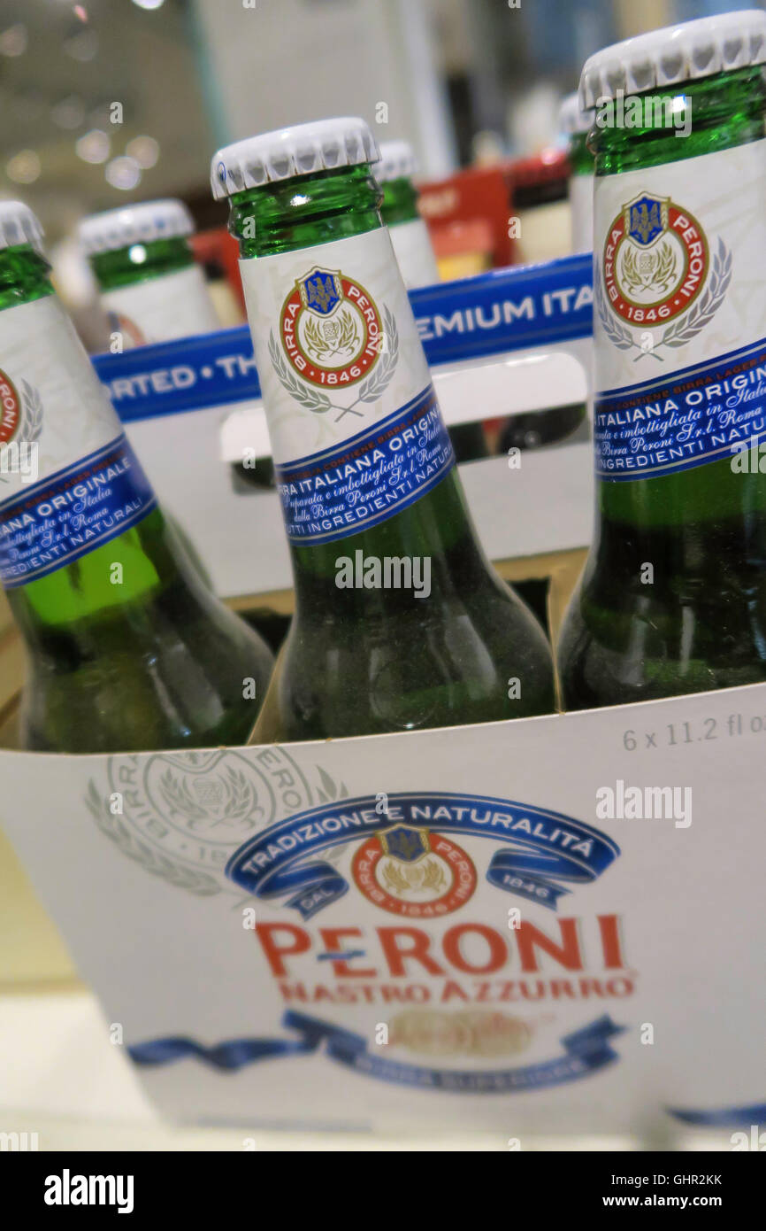 Peroni Beer Bottle Display, Eataly Italian Marketplace, NYC Stock Photo