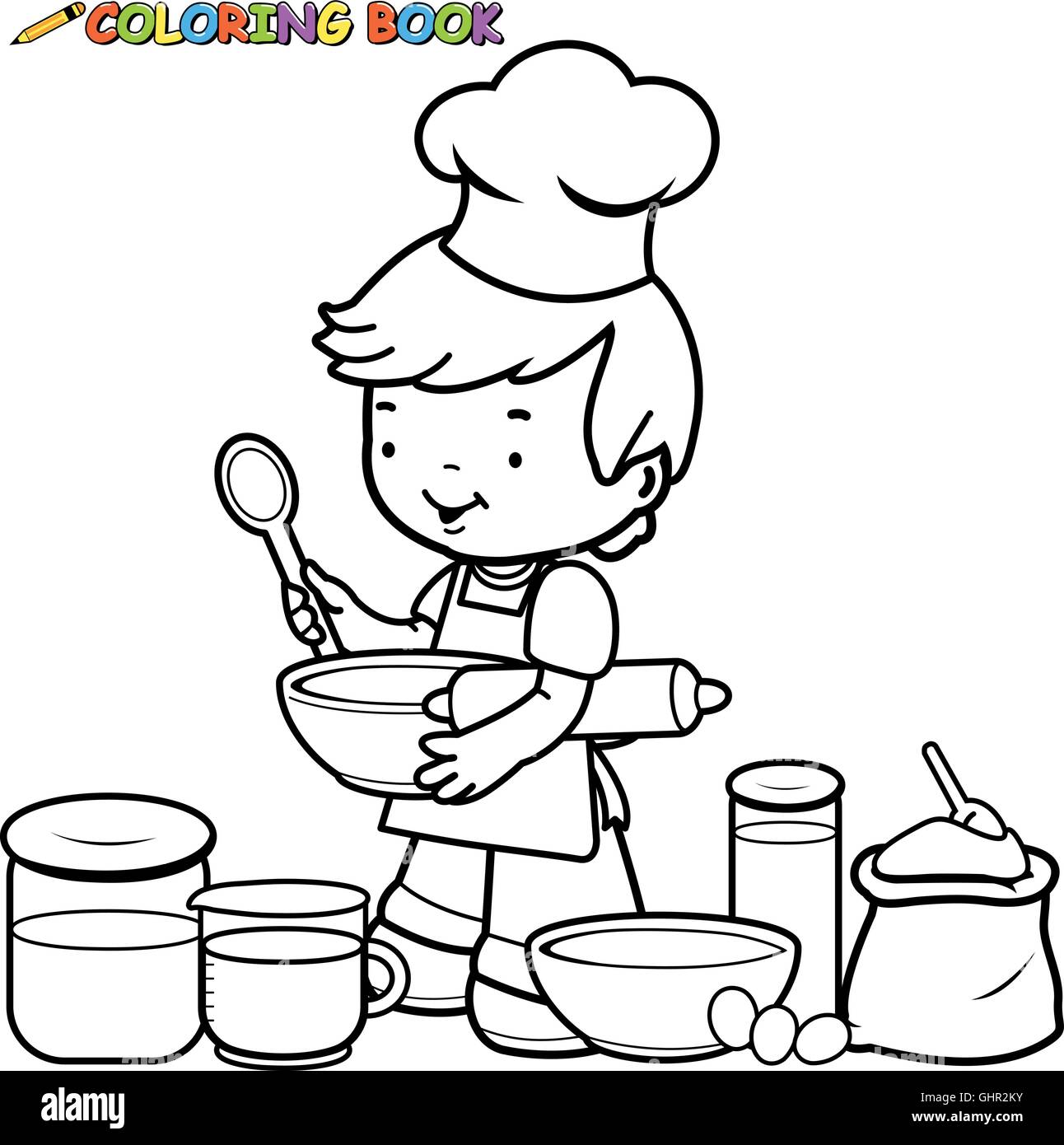 Little boy preparing to cook coloring book page. Stock Vector