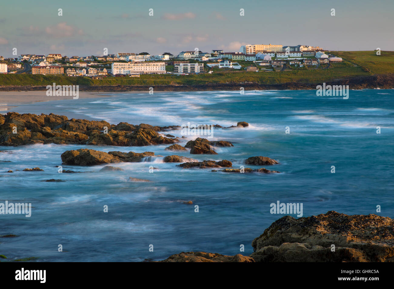 Evening over Fistral Beach and town of Newquay, Cornwall, England Stock Photo