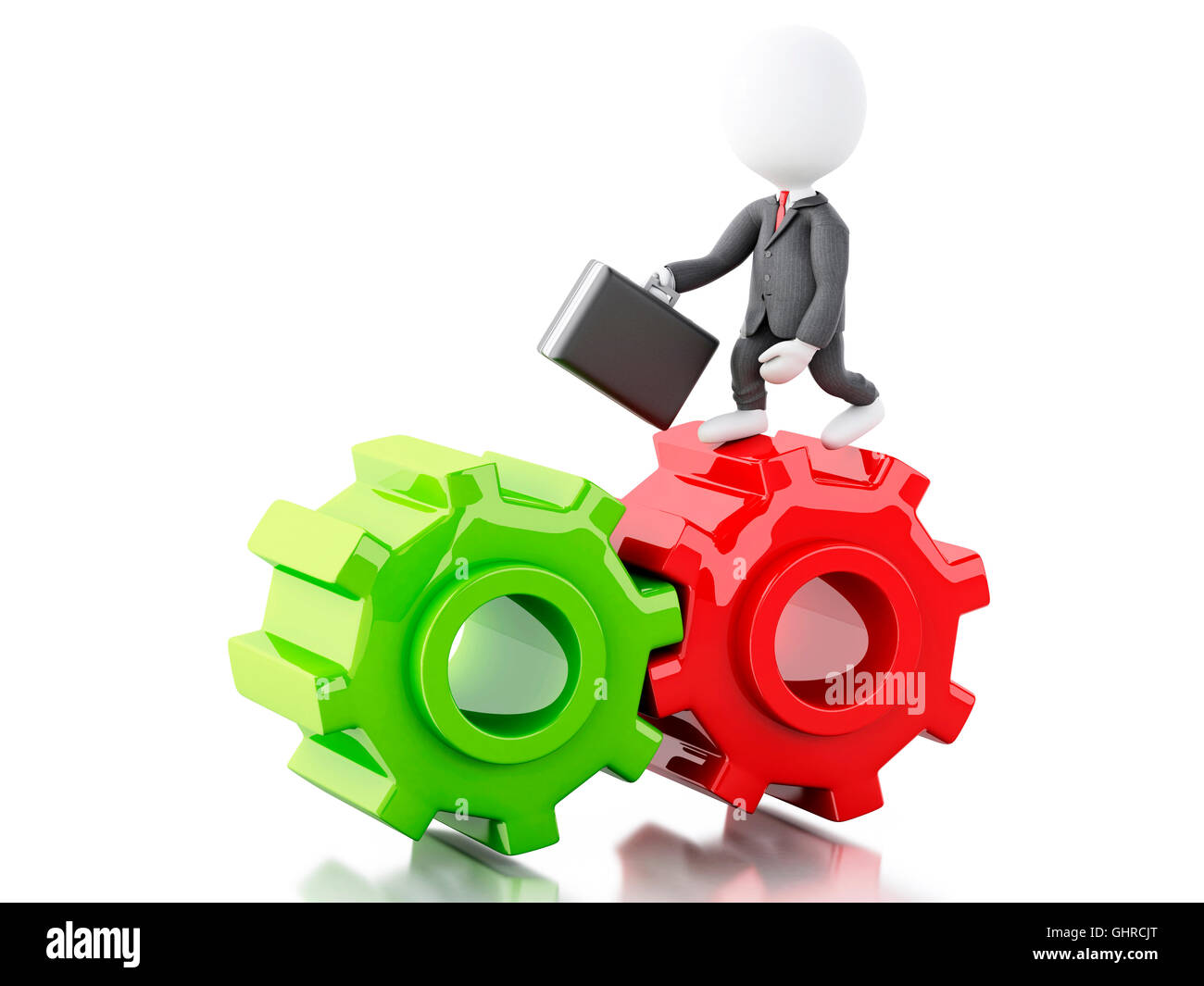 3d illustration. White people. Businessman with briefcase in gear wheel. Business concept. Isolated white background Stock Photo