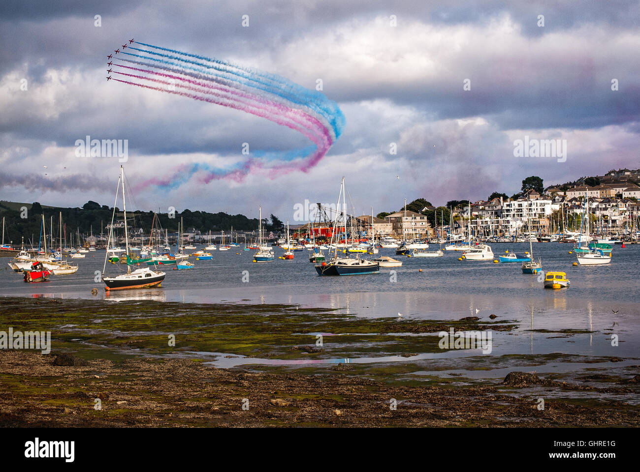The red arrows display (Royal Air Force) over Falmouth in Cornwall on 10/08/2016 Stock Photo