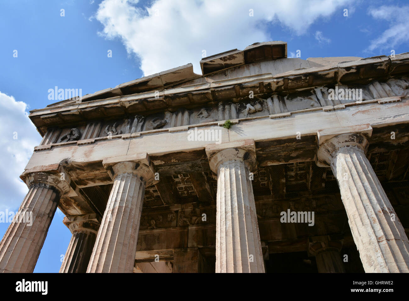 The ancient Temple of Hephaestus in Athens with Doric columns and capitals Stock Photo