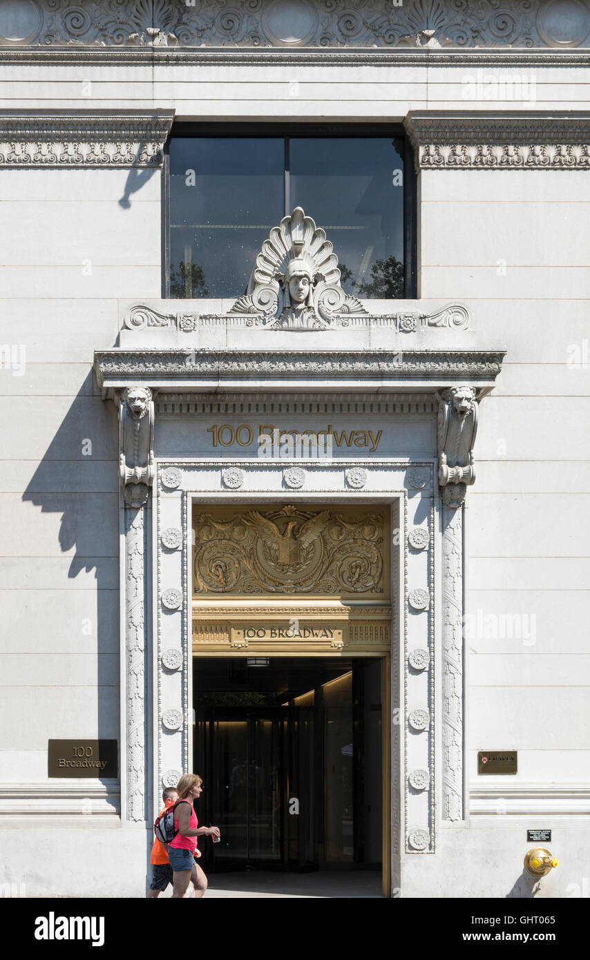 Entrance to landmarked 100 Broadway, the American Surety Company Building. New York, Stock Photo