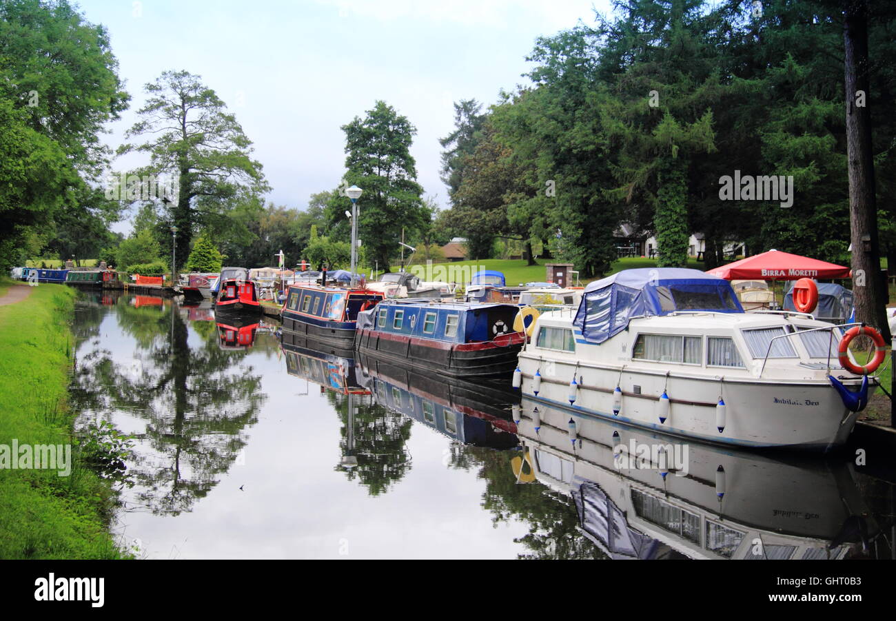 Narrowboats moored on the Monmouthshire and Brecon Canal at Goytre Wharf near Abergavenny, South Wales, Cymru, UK -  July Stock Photo