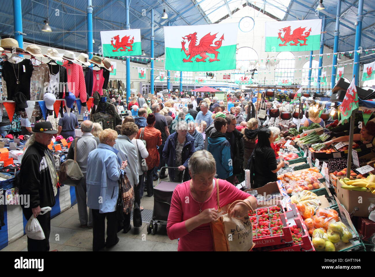 Interior of the Market Hall in the town of Abergavenny during a busy