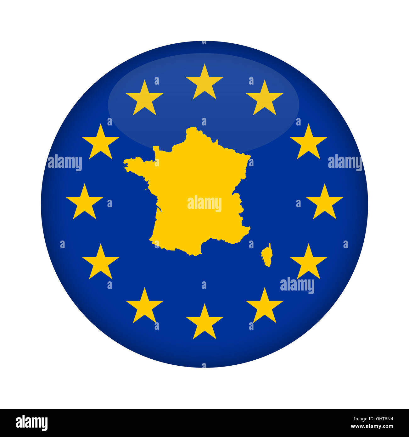 France map on a European Union flag button isolated on a white background. Stock Photo
