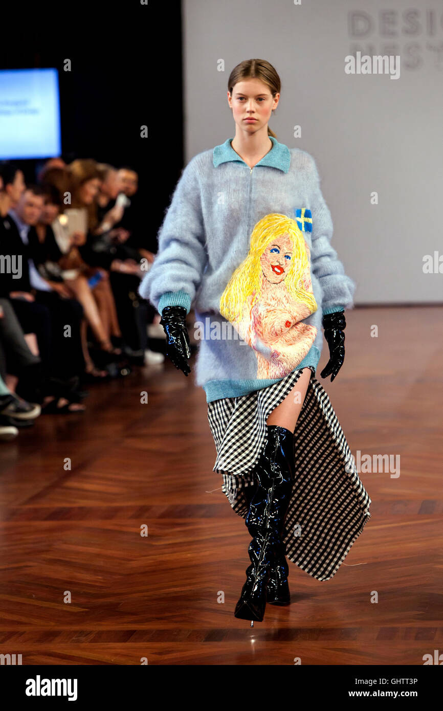 Copenhagen, Denmark, August 10, 2016: : A model walks the runway wearing  design by Matilda Forssblad (THE SWEDISH SCHOOL of Textiles ) at the  Designers Nest Award Show for young talents during