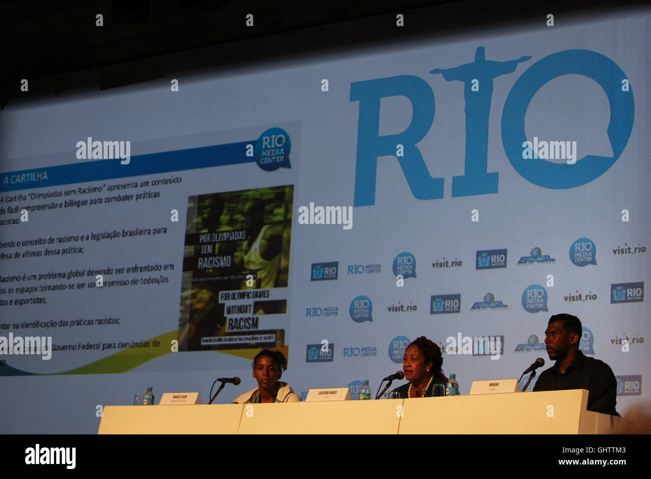 Rio de Janeiro, Brazil August 10, 2016: Rafaela Silva, Brazilian gold medalist athlete of judo, attends a press conference about racial equality in sport to fight against racism. Also participating in the event Luislinda Valois, the Secretariat of Policies to Promote Racial Equality Federal Government, the Aranha goalkeeper, the Ponte Preta football team that has also been a victim of racism in the past. The conference is part of the Olympics Without Racism Program launched by the Secretariat for the Promotion of Racial Equality. Stock Photo
