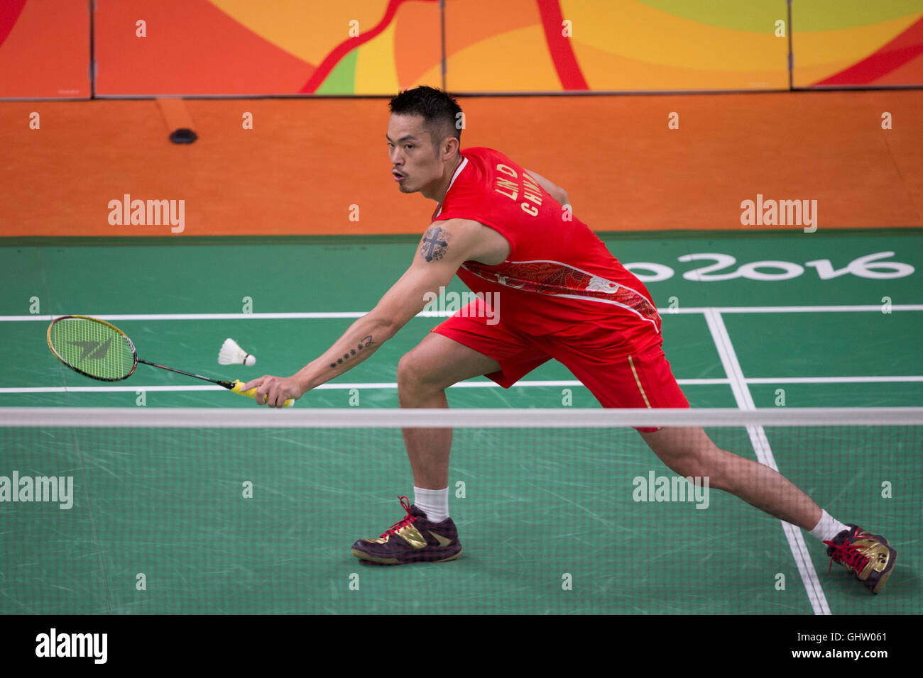 Rio de Janeiro, Brazil. 11th August, 2016. Match between LIN Dan (CHN) and Obernosterer D. (AUT) during the Badminton 2016 Olympics held in Hall 4 Riocentro. NOT AVAILABLE FOR LICENSING IN CHINA (Photo: Celso Pupo/Fotoarena) Credit:  Foto Arena LTDA/Alamy Live News Stock Photo