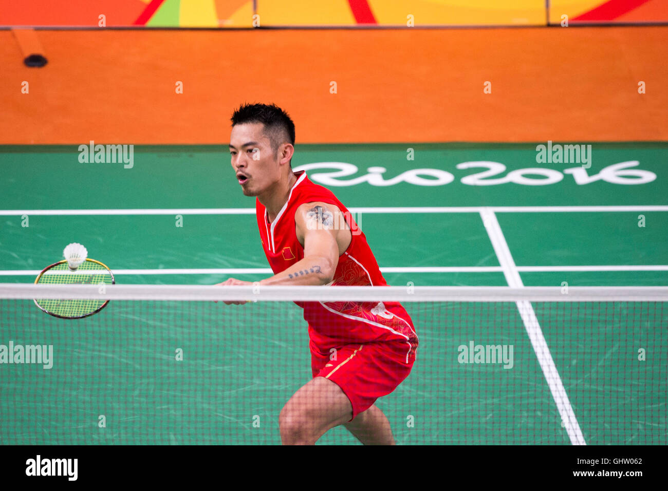 Rio de Janeiro, Brazil. 11th August, 2016. Match between LIN Dan (CHN) and Obernosterer D. (AUT) during the Badminton 2016 Olympics held in Hall 4 Riocentro. NOT AVAILABLE FOR LICENSING IN CHINA (Photo: Celso Pupo/Fotoarena) Credit:  Foto Arena LTDA/Alamy Live News Stock Photo