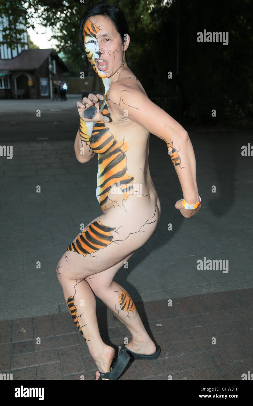 London, UK. 11th August, 2016. A Group of Tigers is called a Streak ,a Group of people who takes they clothes off are called Streakers and that is what this group of people done today  in London Zoo,to raise money , towards ZSL’s work with Tiger’s Credit:  Paul Quezada-Neiman/Alamy Live News Stock Photo