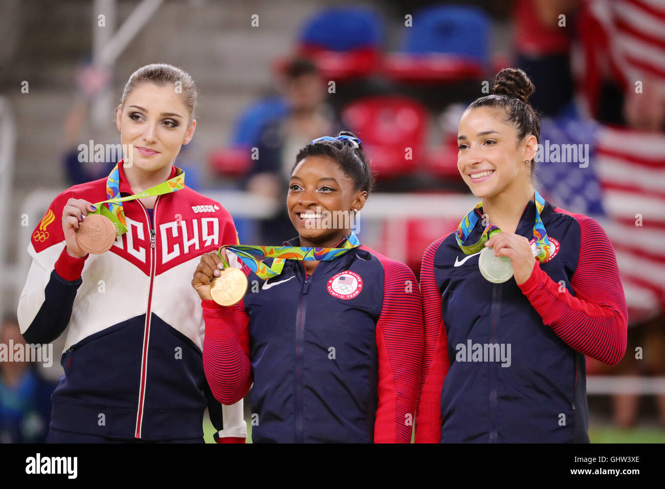 Rio de Janeiro, Brazil. 11th Aug, 2016. Gold medalist Simone Biles (C ...