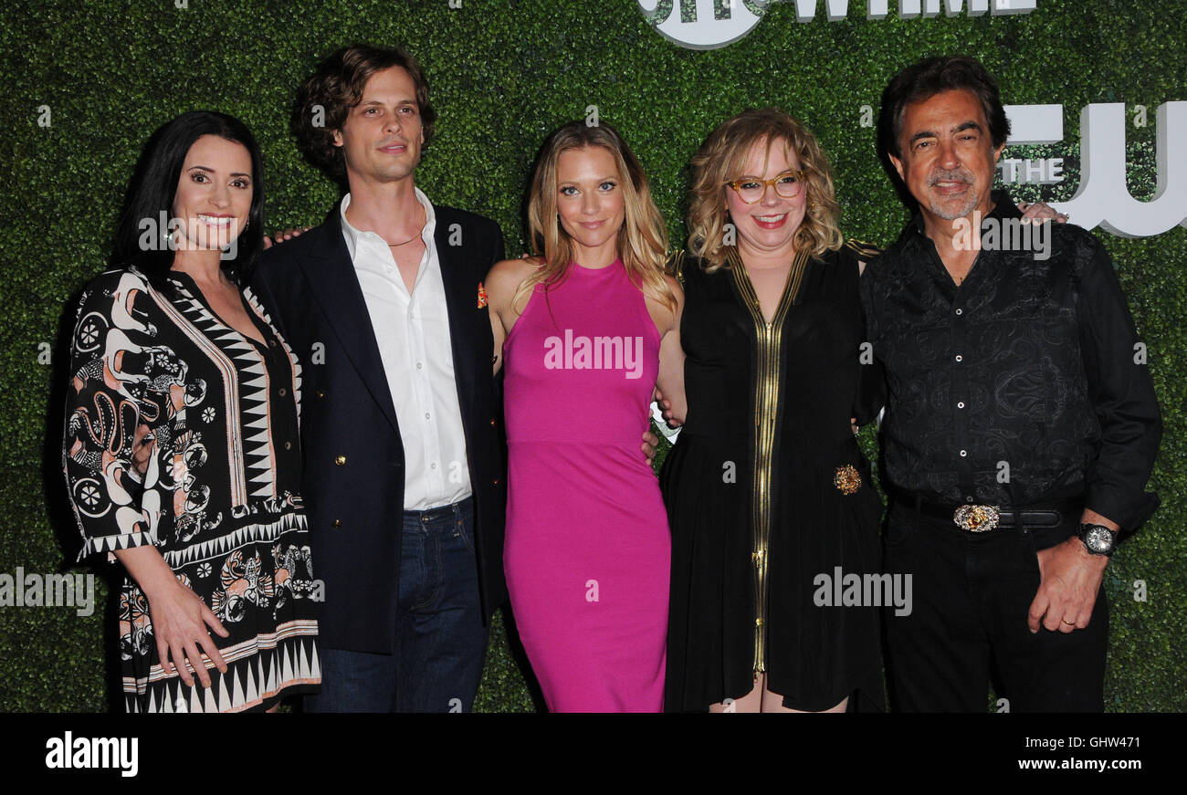 West Hollywood, CA, USA. 10th Aug, 2016. 10 August 2016 - West Hollywood, California. Paget Brewster, Matthew Gray Gubler, AJ Cook, Kirsten Vangsness, Joe Mantegna. 2016 CBS, CW, Showtime Summer TCA Party held at Pacific Design Center. Photo Credit: Birdie Thompson/AdMedia © Birdie Thompson/AdMedia/ZUMA Wire/Alamy Live News Stock Photo