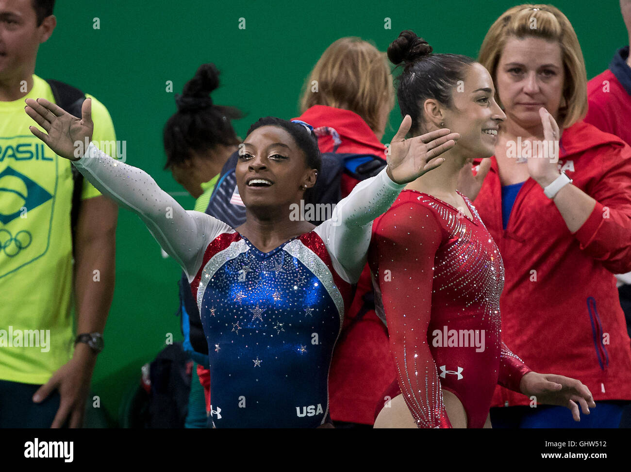 Rio De Janeiro Rj Brazil 11th Aug 16 Olympics Gymnastics Gold Medal Winner Simone Biles Usa Blow Kisses With Silver Medal Winner Alexandra Raisman Usa Celebrate In Women S Individual Al Around At Rio De Janeiro Rj Brazil 11th Aug 16 Olympics Gymnastics Gold Medal Winner Simone Biles Usa Blow Kisses With Silver Medal Winner Alexandra Raisman Usa Celebrate In Women S Individual Al Around At
