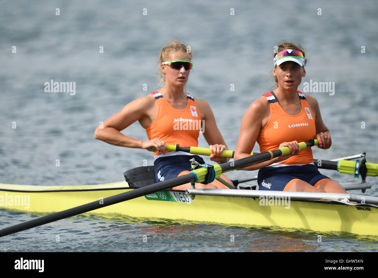 Rio de Janeiro, Brazil. 11th Aug, 2016. Karien Robbers (L) and Aletta  Jorritsma of the Netherlands react after the Women's Pair race of the  Rowing events of the Rio 2016 Olympic Games