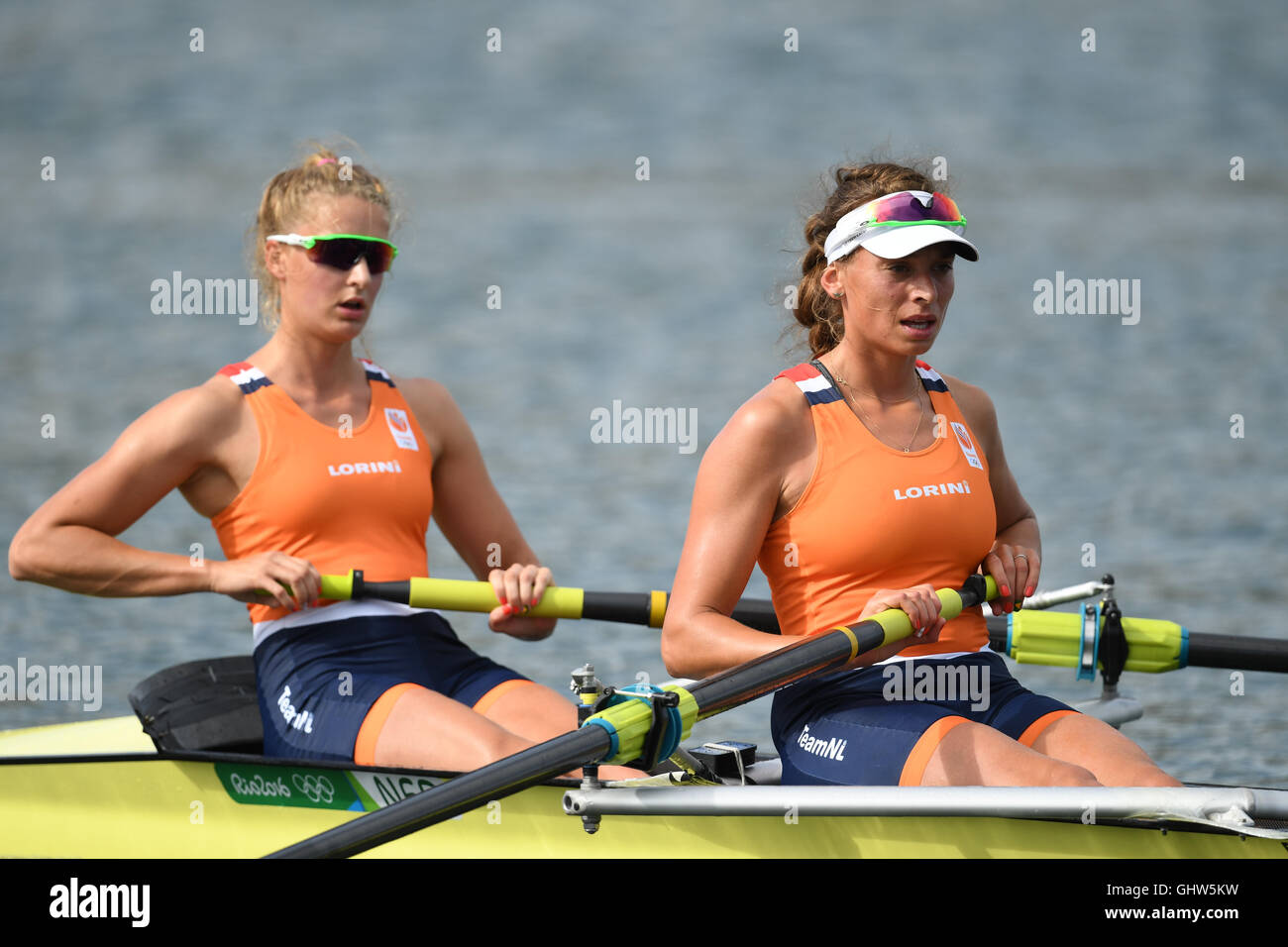 Rio de Janeiro, Brazil. 11th Aug, 2016. Karien Robbers (L) and Aletta  Jorritsma of the Netherlands react after the Women's Pair race of the  Rowing events of the Rio 2016 Olympic Games