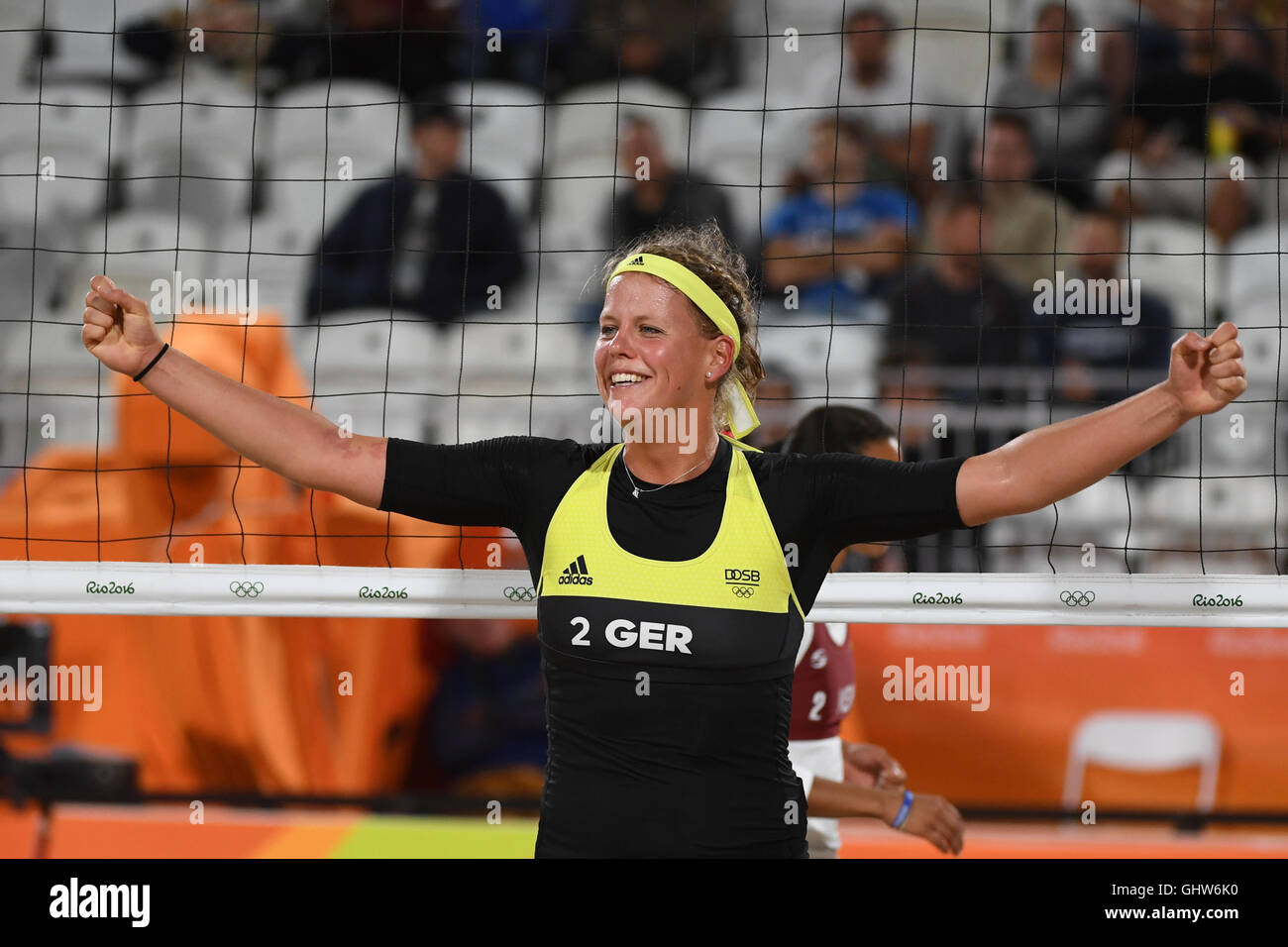 Rio de Janeiro, Brazil. 11th Aug, 2016. Britta Buethe of Germany reacts during the Women's Lucky Loser match Pazo/Agudo of Venezuela against Borger/Buethe of Germany at the Beach Volleyball events during the Rio 2016 Olympic Games at the Beach Volleyball Arena Copacabana in Rio de Janeiro, Brazil, 11 August 2016. Photo: Sebastian Kahnert/dpa/Alamy Live News Stock Photo