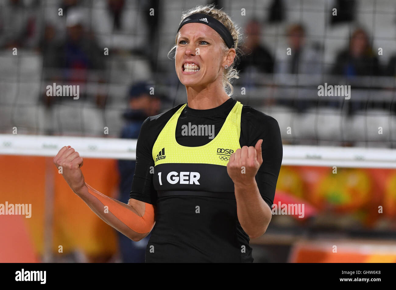Rio de Janeiro, Brazil. 11th Aug, 2016. Karla Borger of Germany reacts during the Women's Lucky Loser match Pazo/Agudo of Venezuela against Borger/Buethe of Germany at the Beach Volleyball events during the Rio 2016 Olympic Games at the Beach Volleyball Arena Copacabana in Rio de Janeiro, Brazil, 11 August 2016. Photo: Sebastian Kahnert/dpa/Alamy Live News Stock Photo