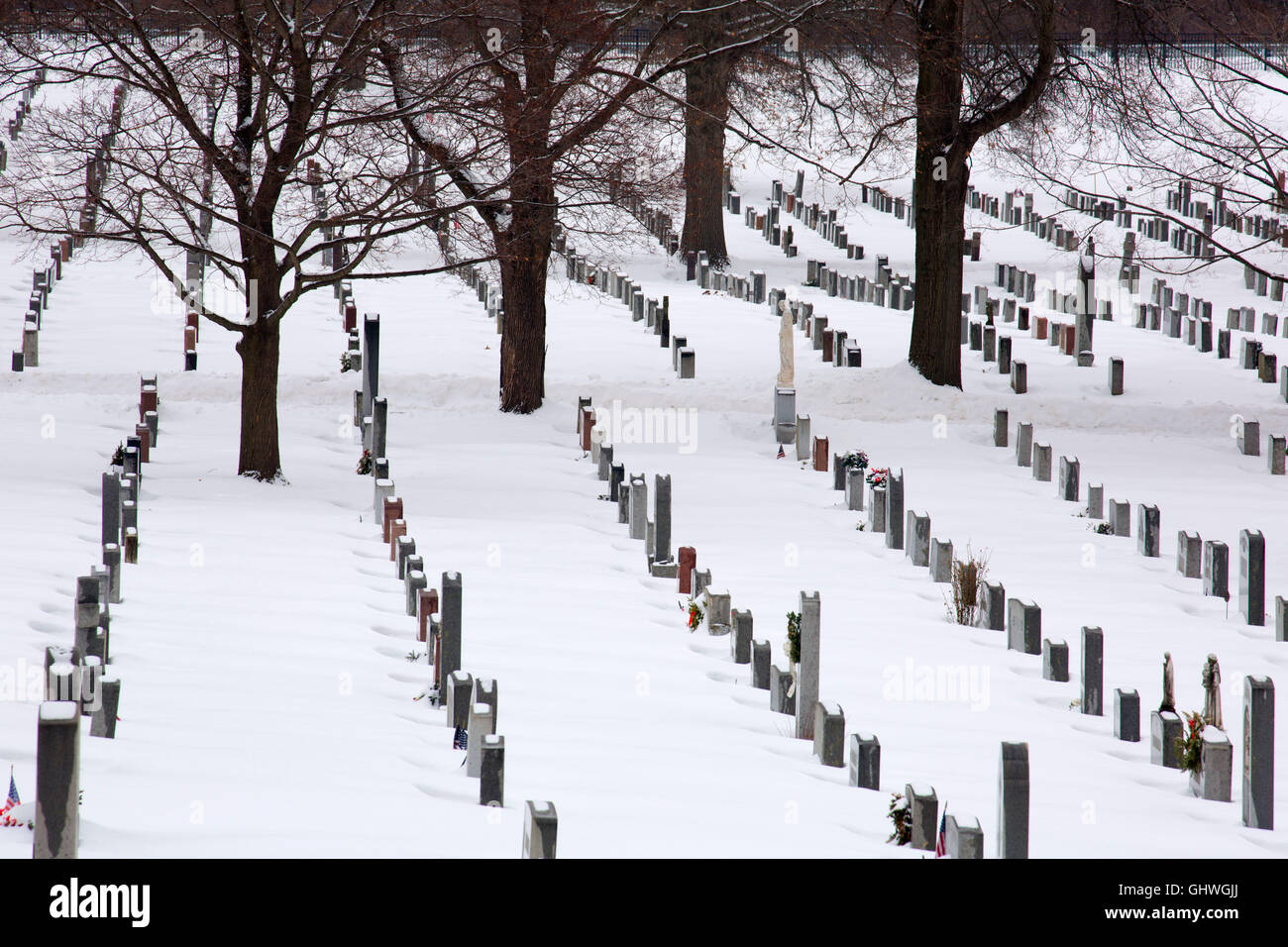 Headstones with snow, St. Mary's Cemetery, New Britain , Connecticut