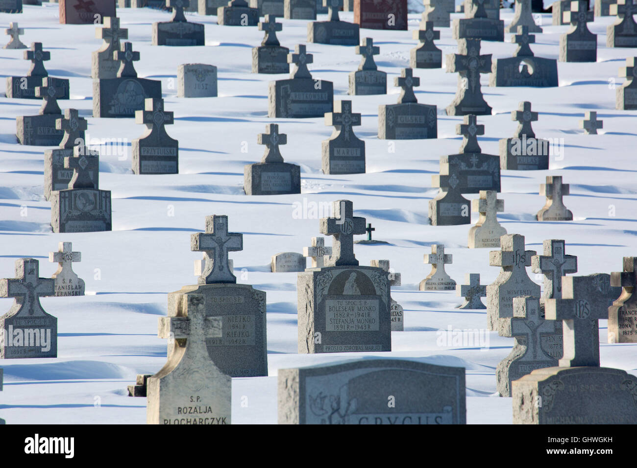 Headstones with snow, Sacred Heart Cemetery, New Britain , Connecticut