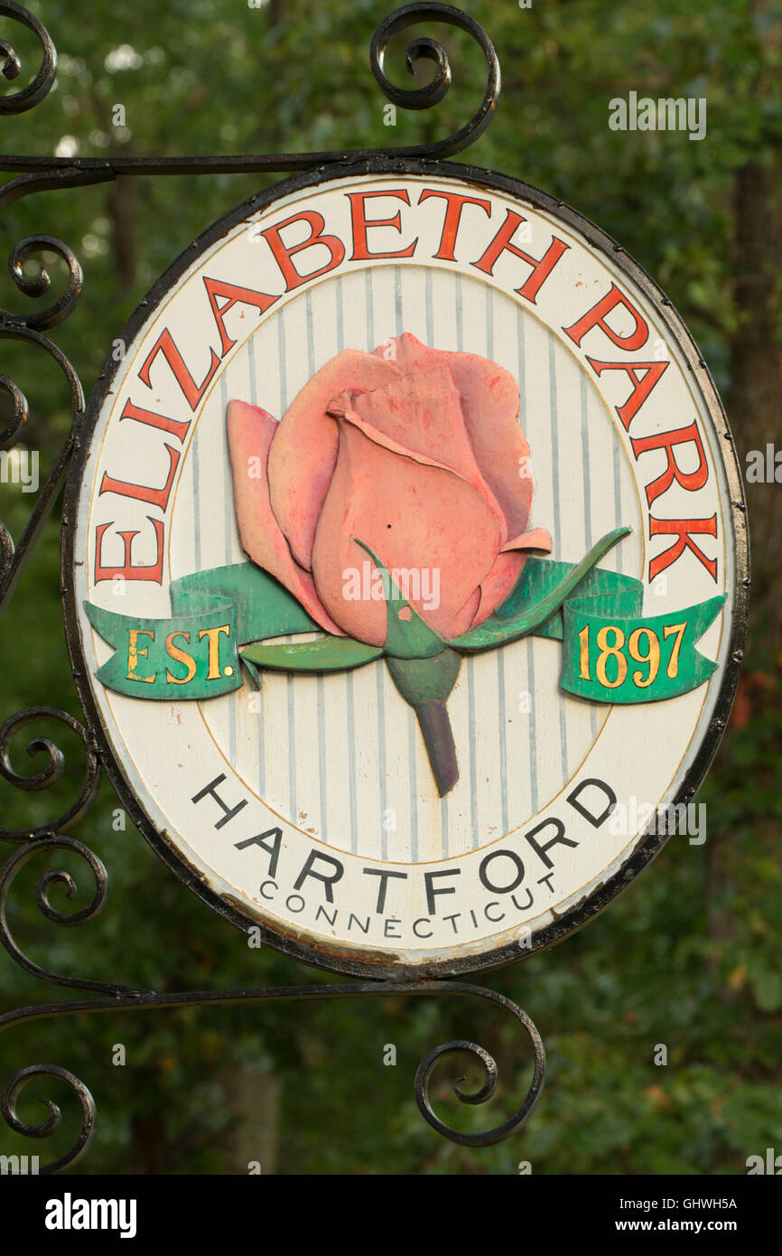 Entrance sign, Elizabeth Park, Hartford, Connecticut Stock Photo