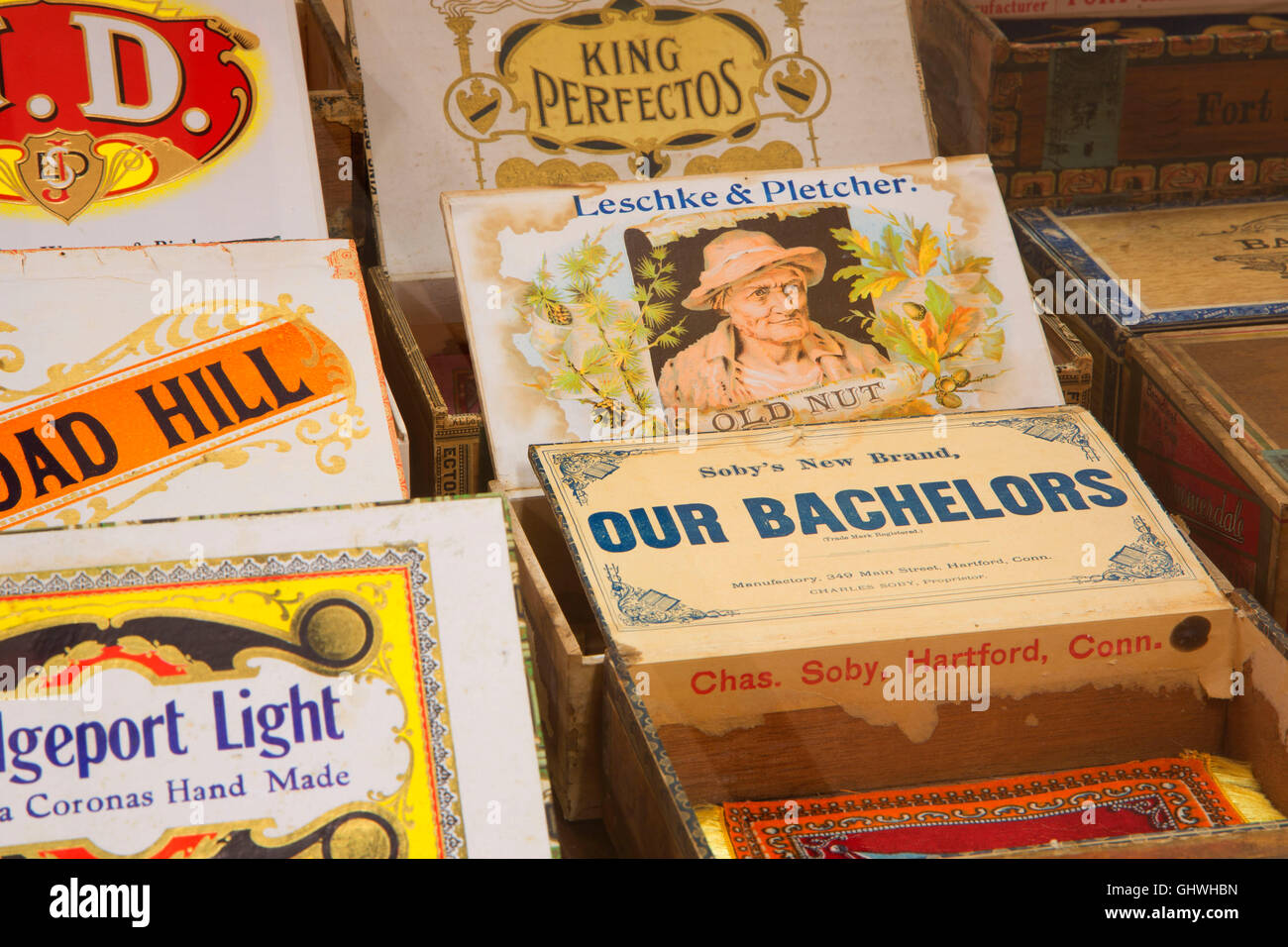 Cigar boxes, Connecticut Valley Tobacco Museum, Northwest Park, Windsor,  Connecticut Stock Photo