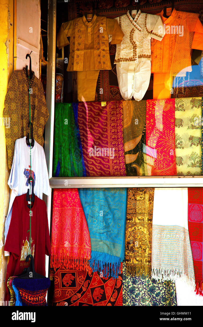 Triaditional Indian merchandise on sale at  the City Palace Museum, Jaipur, India Stock Photo