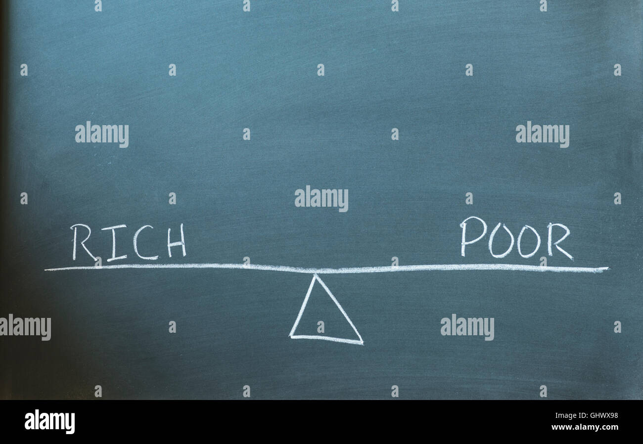 the words rich and poor on a scale in equilibrium written on a chalkboard. Stock Photo