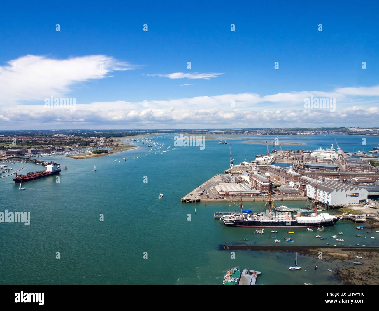 The view over Portsmouth Harbour looking North East towards Portsdown hill and Fareham Stock Photo