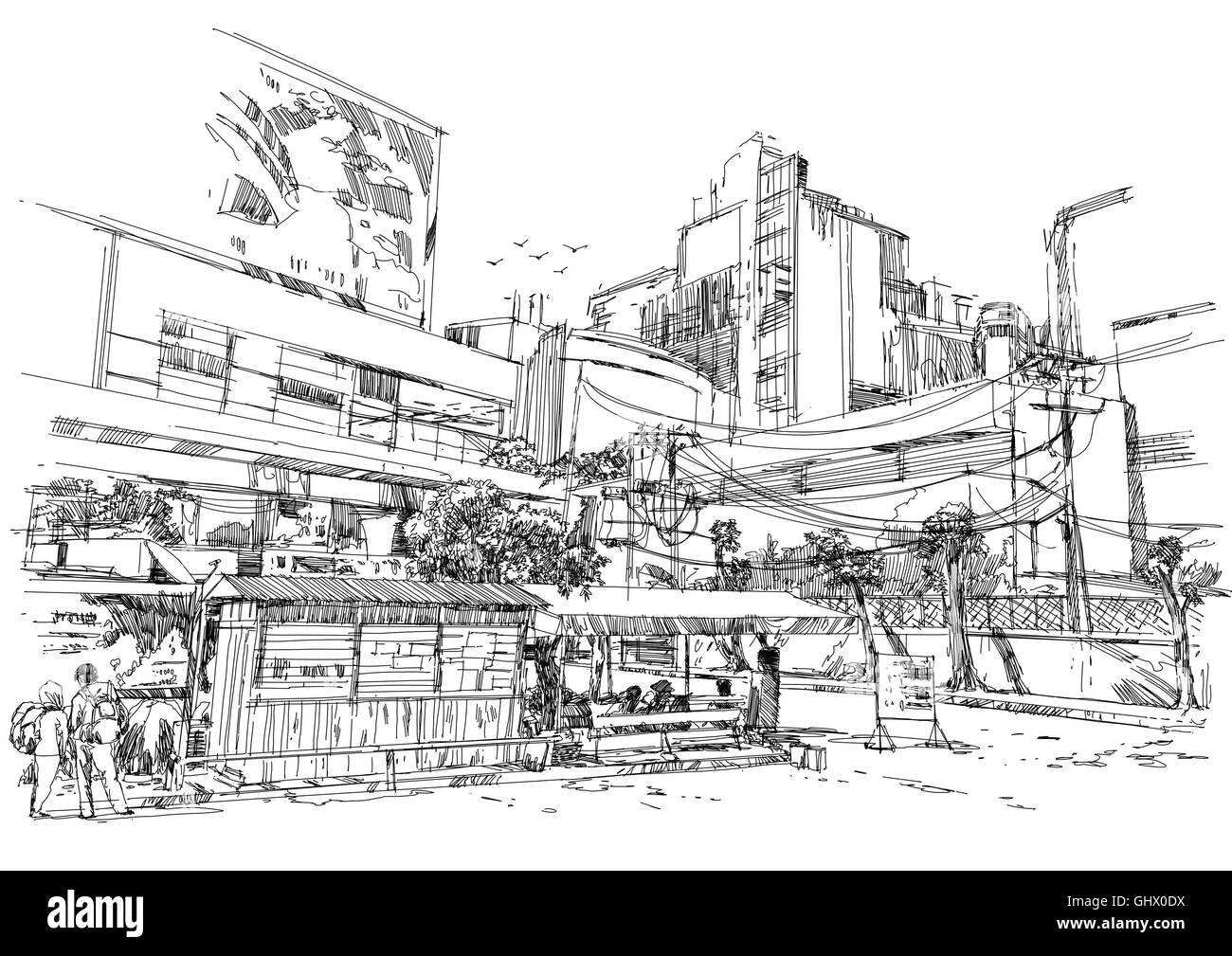 city street digital sketch.Illustration Stock Photo