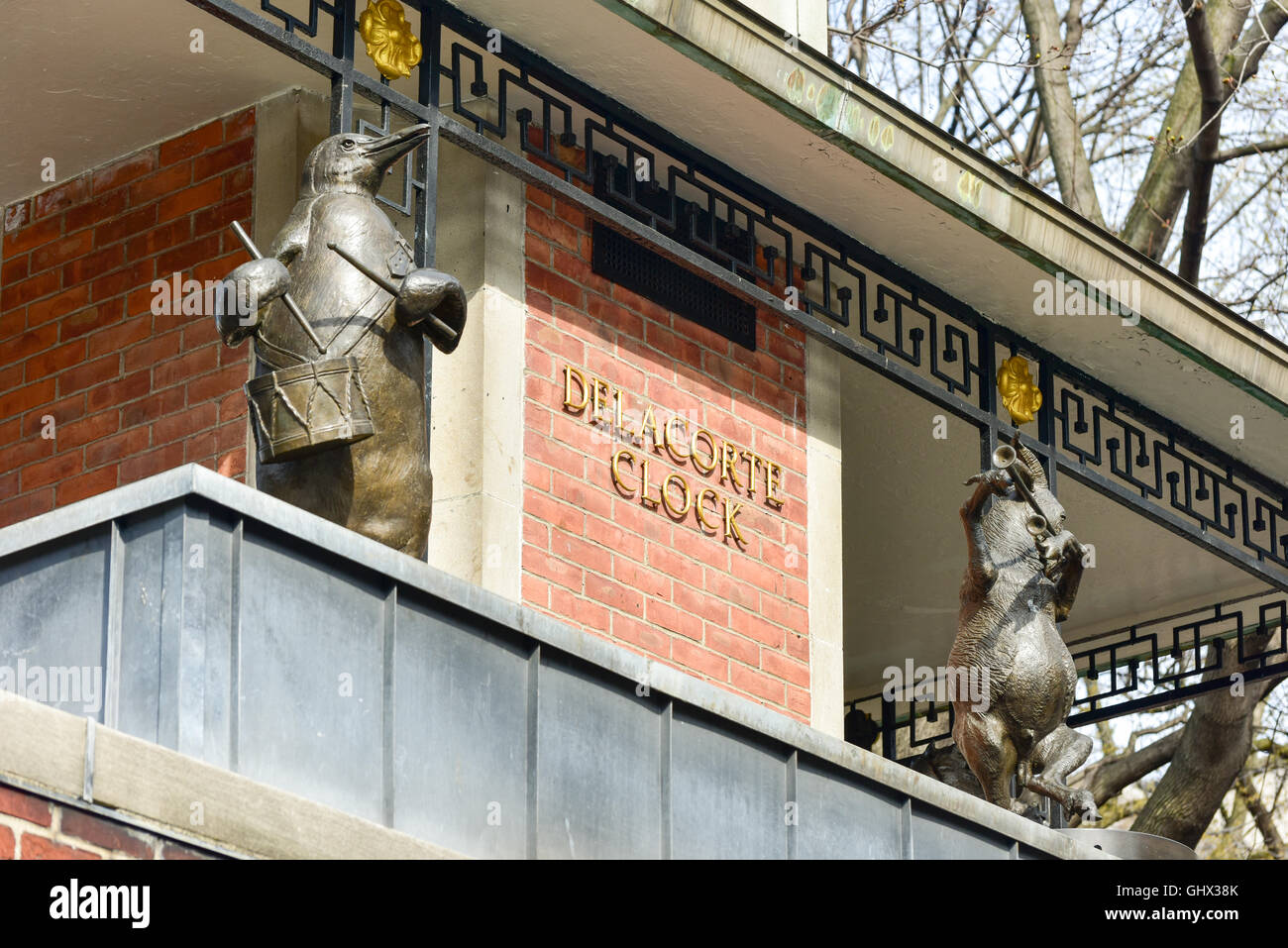 Delacorte Music Clock by the Central Park Zoo in Manhattan. It is a three-tiered mechanical clock which plays music as the anima Stock Photo