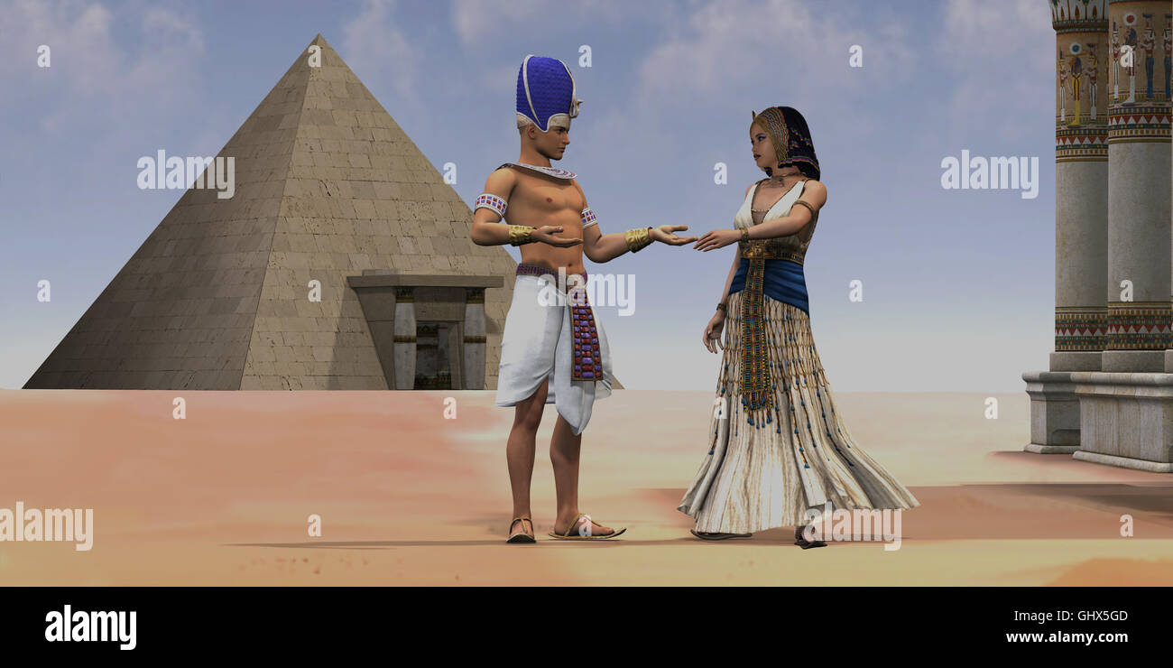 A Pharaoh talks with his queen near a pyramid and temple in the Old Kingdom of Egypt. Stock Photo