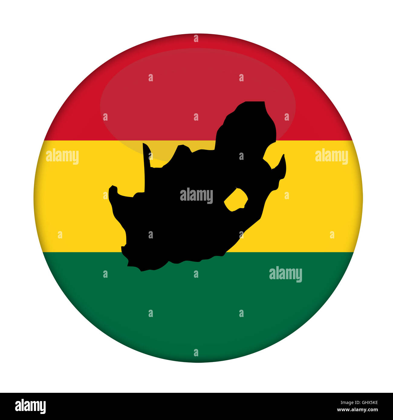 South Africa map on a Rastafarian flag button, white background. Stock Photo