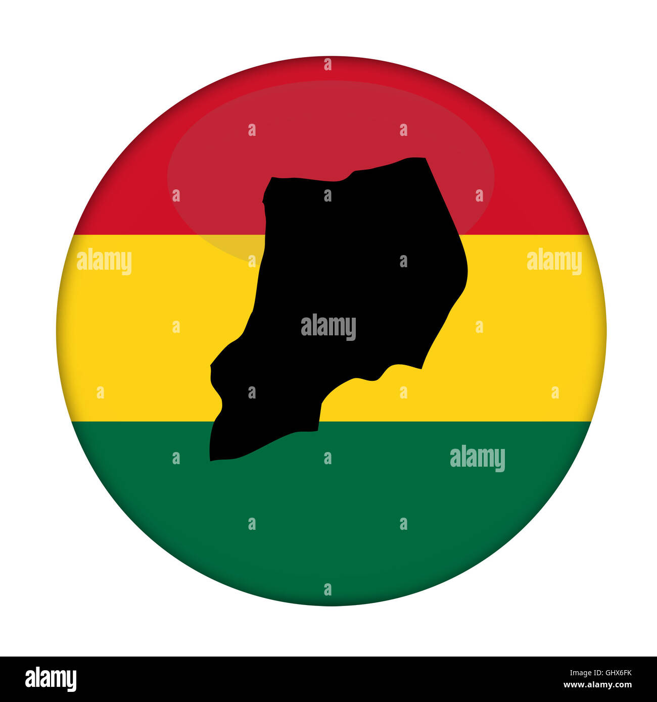 Uganda map on a Rastafarian flag button, white background. Stock Photo