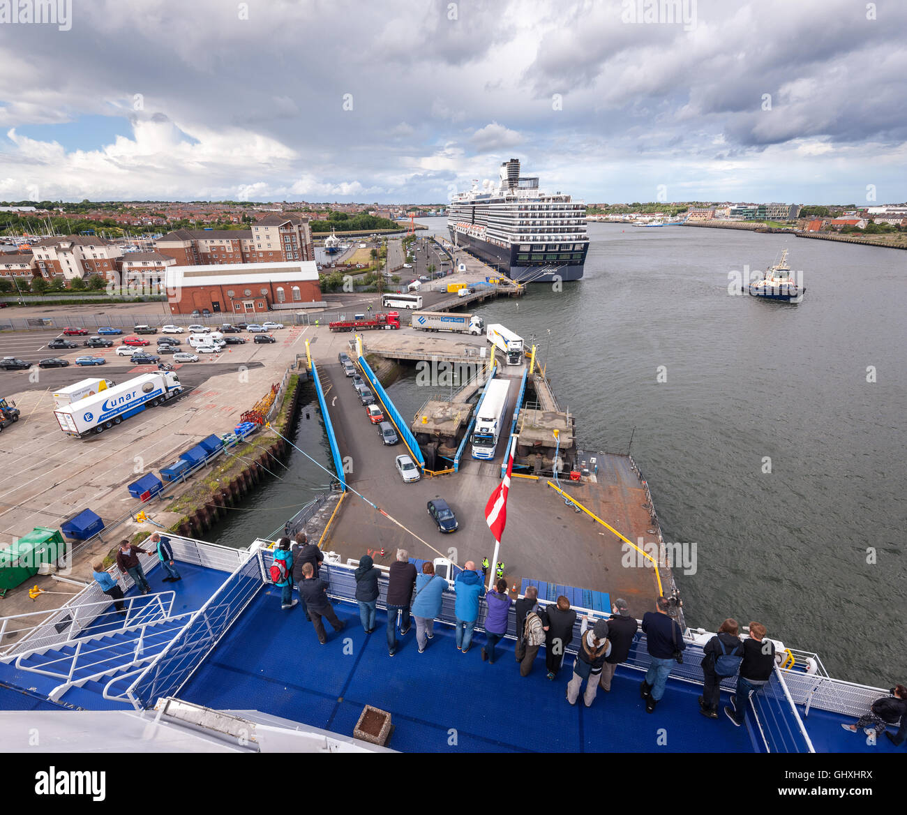 Newcastle Port of Tyne Royal Quays Ferry and Cruise ship terminal in North Shields. DFDS Ferry and Holland America Zuiderdam. Stock Photo