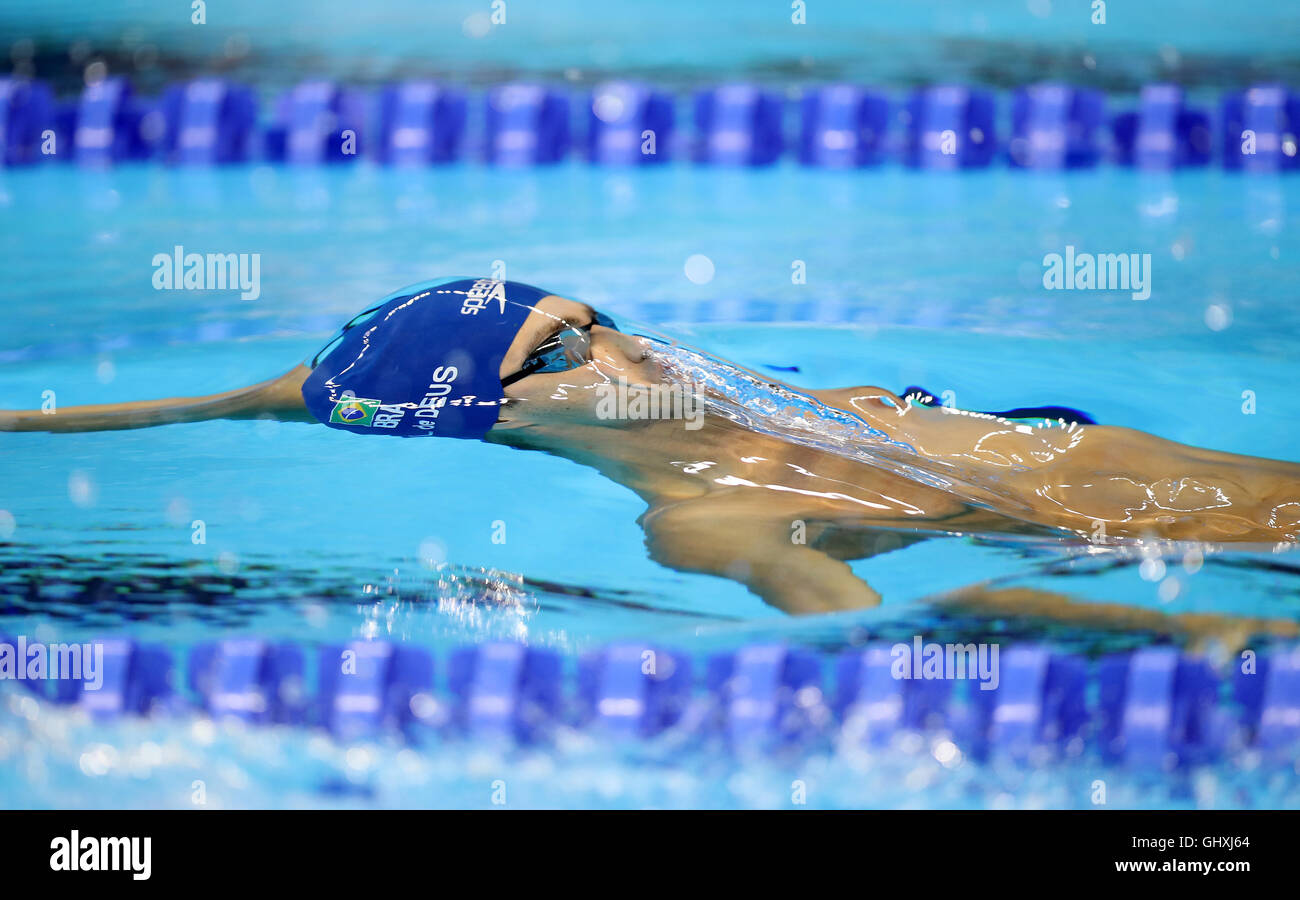 Brazil's Leonardo de Deus in action in the Men's 200m Backstroke Semi Final 1 at the Olympic Aquatics Stadium on the fifth day of the Rio Olympic Games, Brazil. Stock Photo
