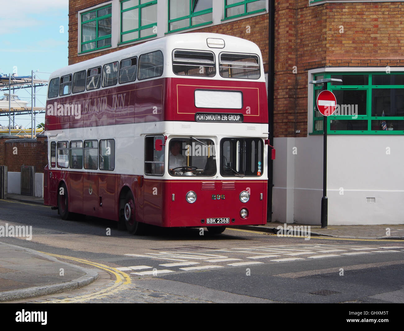 A vintage, heritage bus, in old Portsmouth, England Stock Photo