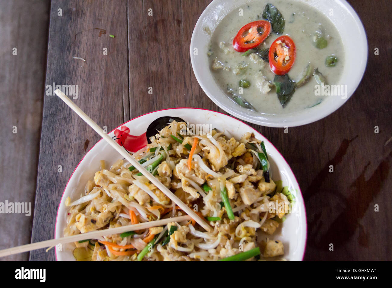 Fresh and delicious Pad Thai and Thai Coconut soup at a cooking school in Thailand. Stock Photo