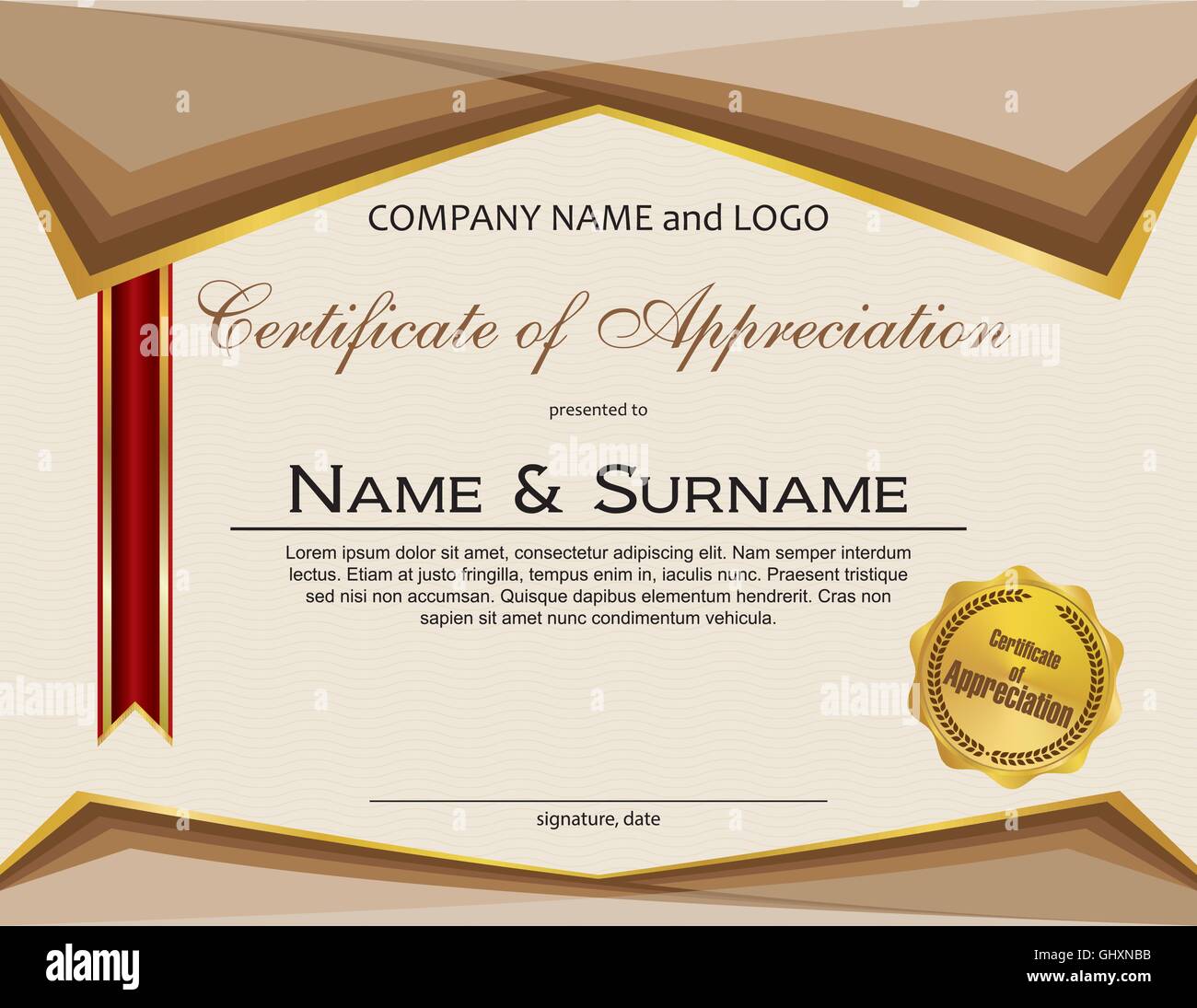Certificate of Appreciation with medal and ribbon Stock Vector