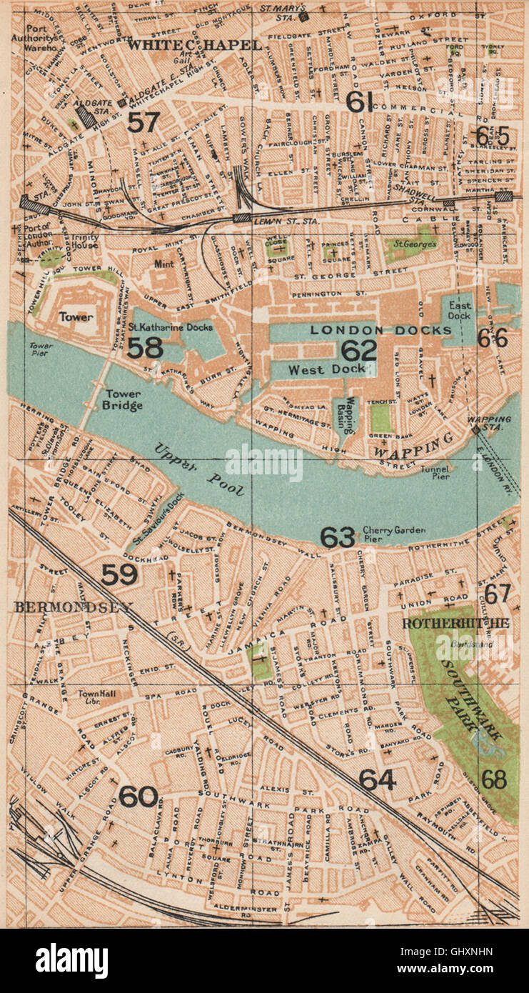LONDON E.Whitechapel Wapping Bermondsey Rotherhithe Shadwell Tower Hill 1935 map Stock Photo