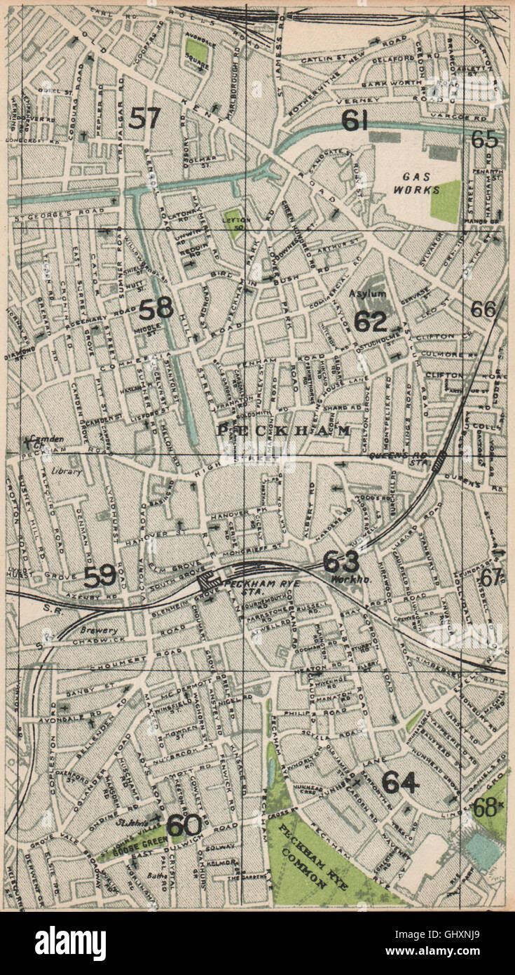 PECKHAM RYE. Old Kent Road Queen's Road East Dulwich Surrey Canal, 1935 map Stock Photo