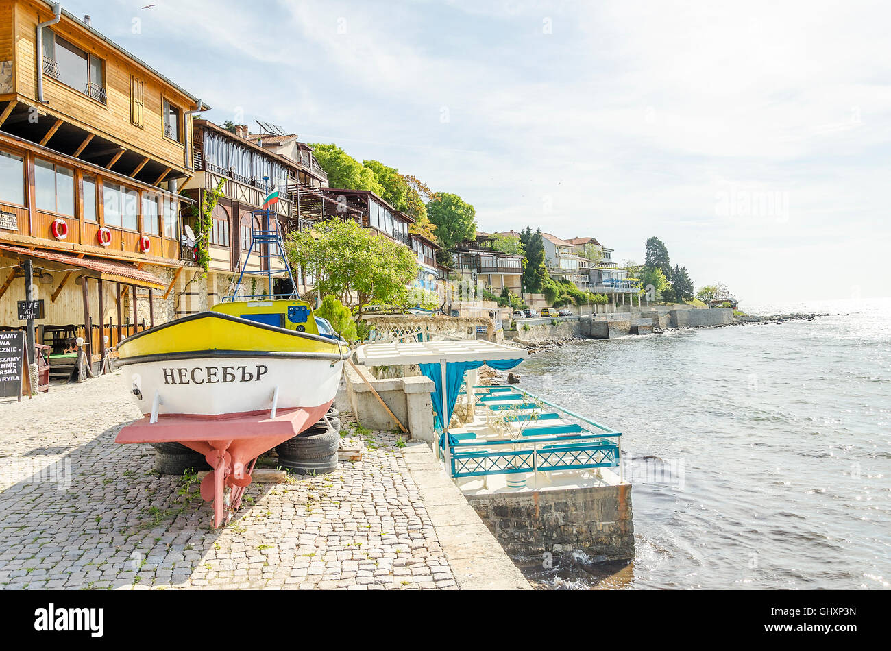 NESSEBAR, SUNNY BEACH, BULGARIA - MAY 2: Cozy street on the banks of the old tourist town, on May 2, 2016 in Nessebar, Sunny Bea Stock Photo