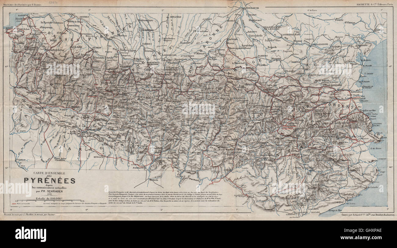 PYRÉNÉES PYRENEES. Roads. Vintage map plan. France Spain, 1907 Stock Photo