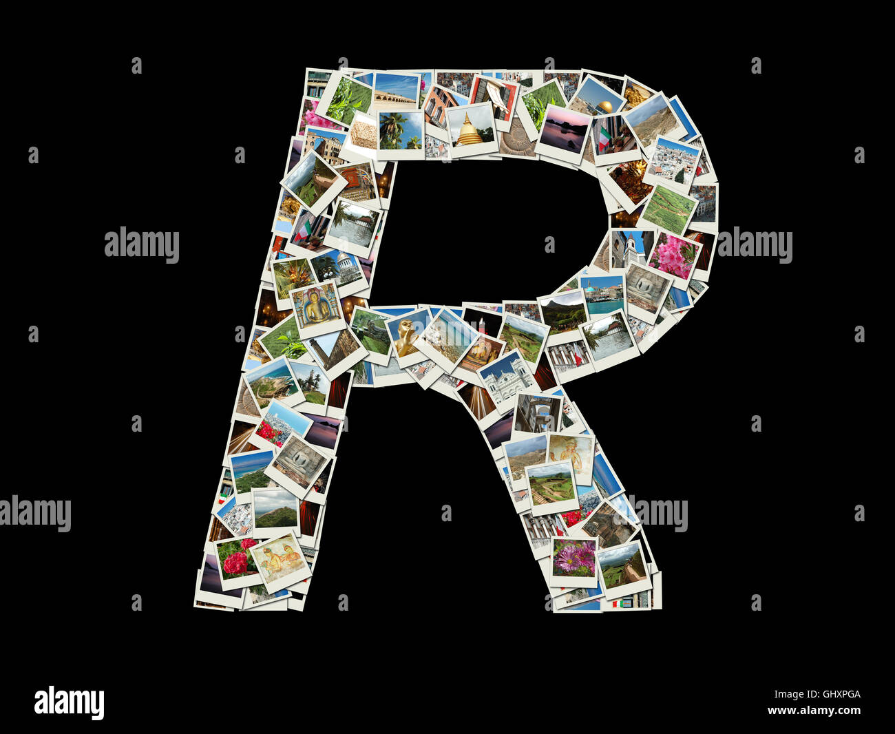 Shape of  'R' llitera made like collage of travel photos Stock Photo