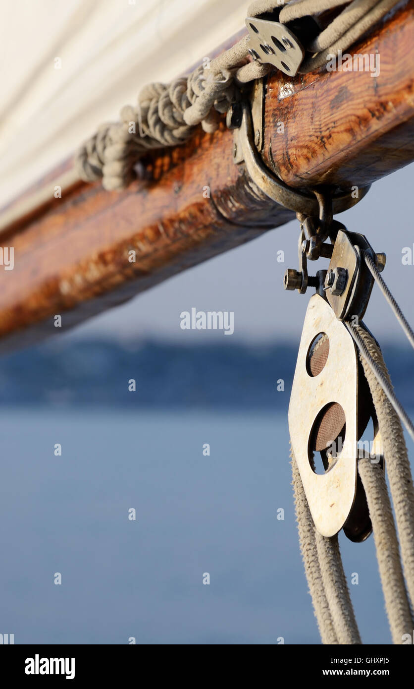 Old rigging on wooden sailing boat Stock Photo