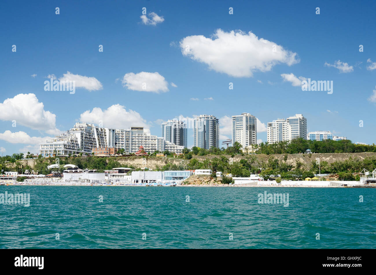 Odessa city seashore with new urban districts, Ukraine.View from the water Stock Photo